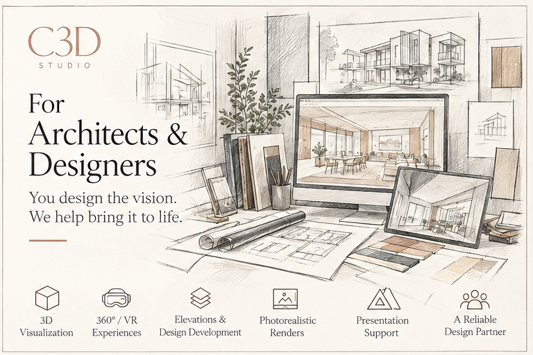 Illustration of an architect’s desk with sketches, material samples, and a screen showing a photorealistic interior render