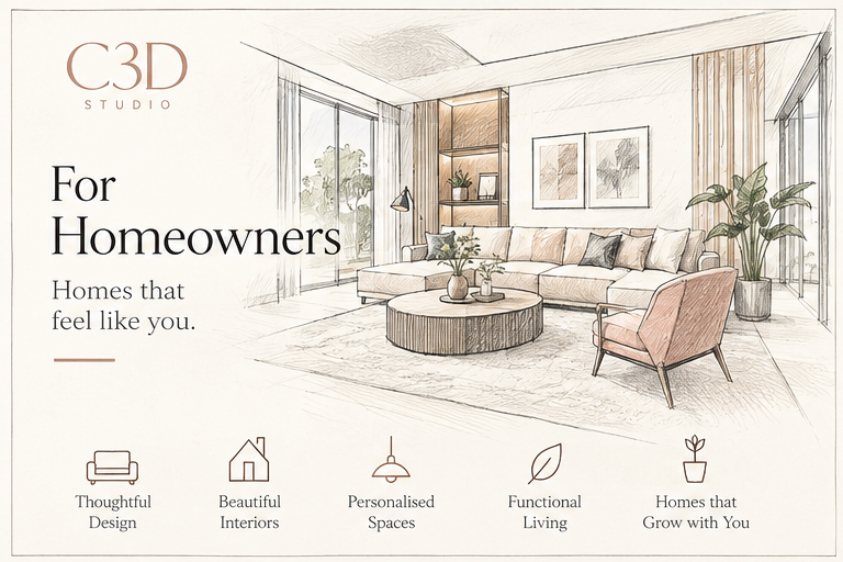 Pencil-and-wash illustration of a calm living room with a curved sofa, timber shelving, and garden views