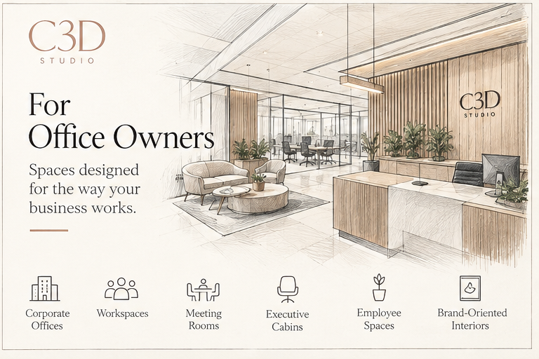 Illustration of a business reception with timber slat walls, a lounge, and glass-walled meeting rooms