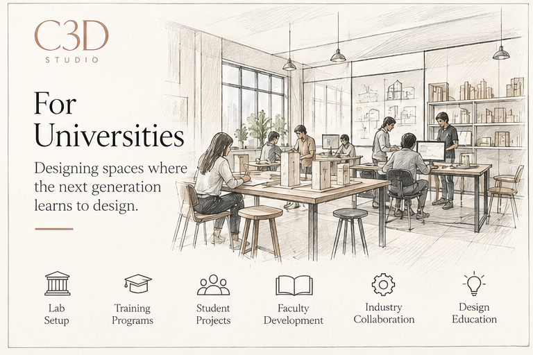Illustration of students working on architectural models and computers in a light-filled design lab