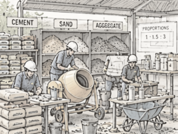 Pencil sketch: Students sorting cement, sand and aggregate, operating a drum mixer, and testing samples at a workbench