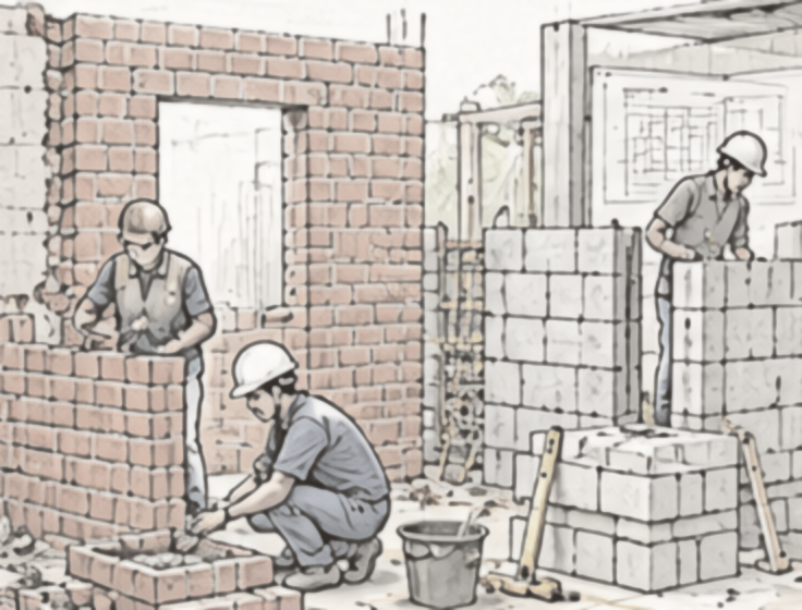 Pencil sketch: Students laying brick and concrete-block walls with openings and corners