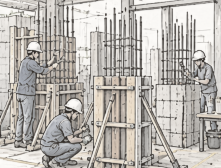 Pencil sketch: Students tying column reinforcement and erecting timber formwork with props