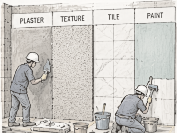 Pencil sketch: Students applying plaster and laying tiles on a wall with plaster, texture, tile and paint panels