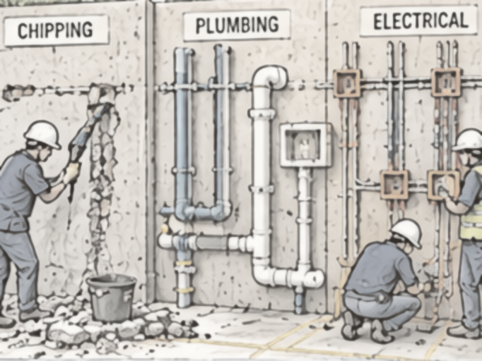 Pencil sketch: Students chipping a wall and installing plumbing pipes and electrical conduits and boxes