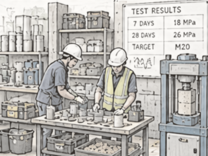 Pencil sketch: Students casting and crushing concrete test cubes beside a compression testing machine and a results board