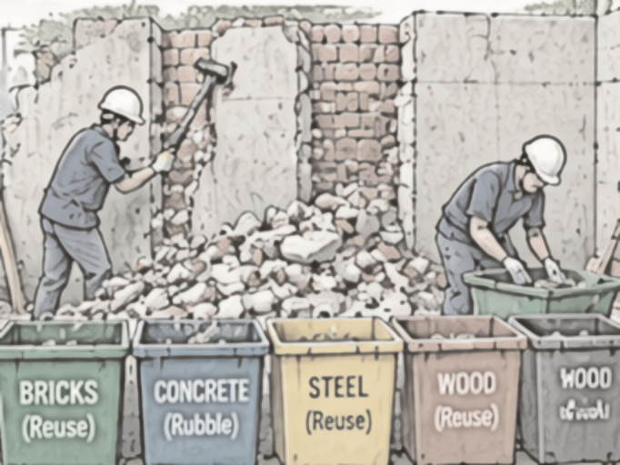 Pencil sketch: Students taking down a masonry wall and sorting debris into bins for bricks, concrete, steel and wood