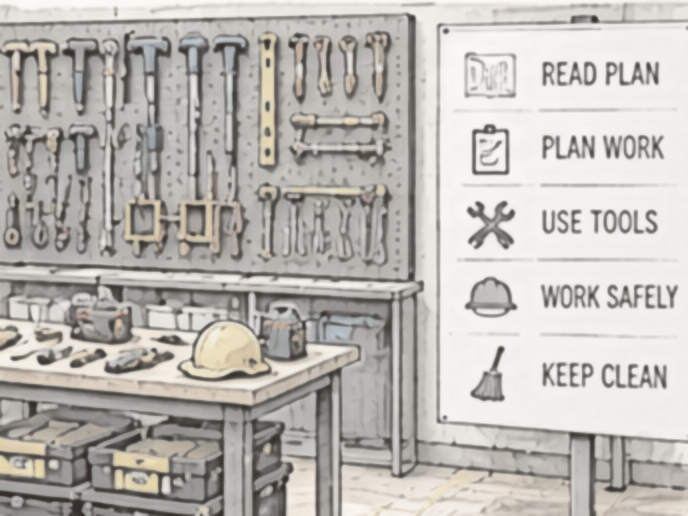 Pencil sketch: A workshop wall of hand tools above a workbench with toolboxes and a safety helmet, beside a site-practice checklist board