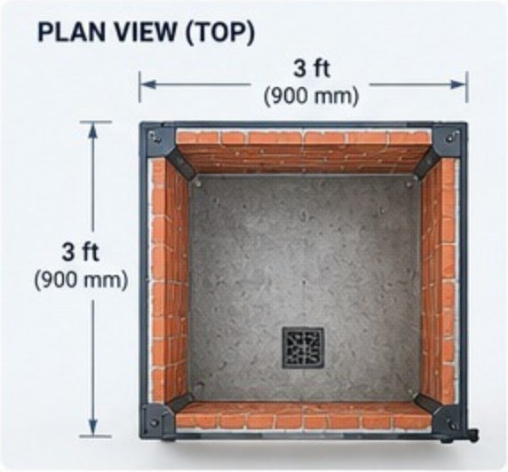 Plan view: 3 ft by 3 ft footprint with brick walls on all sides and a floor drain