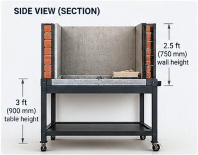 Side section: 2.5 ft wall height on a 3 ft high steel table with lower shelf and castors