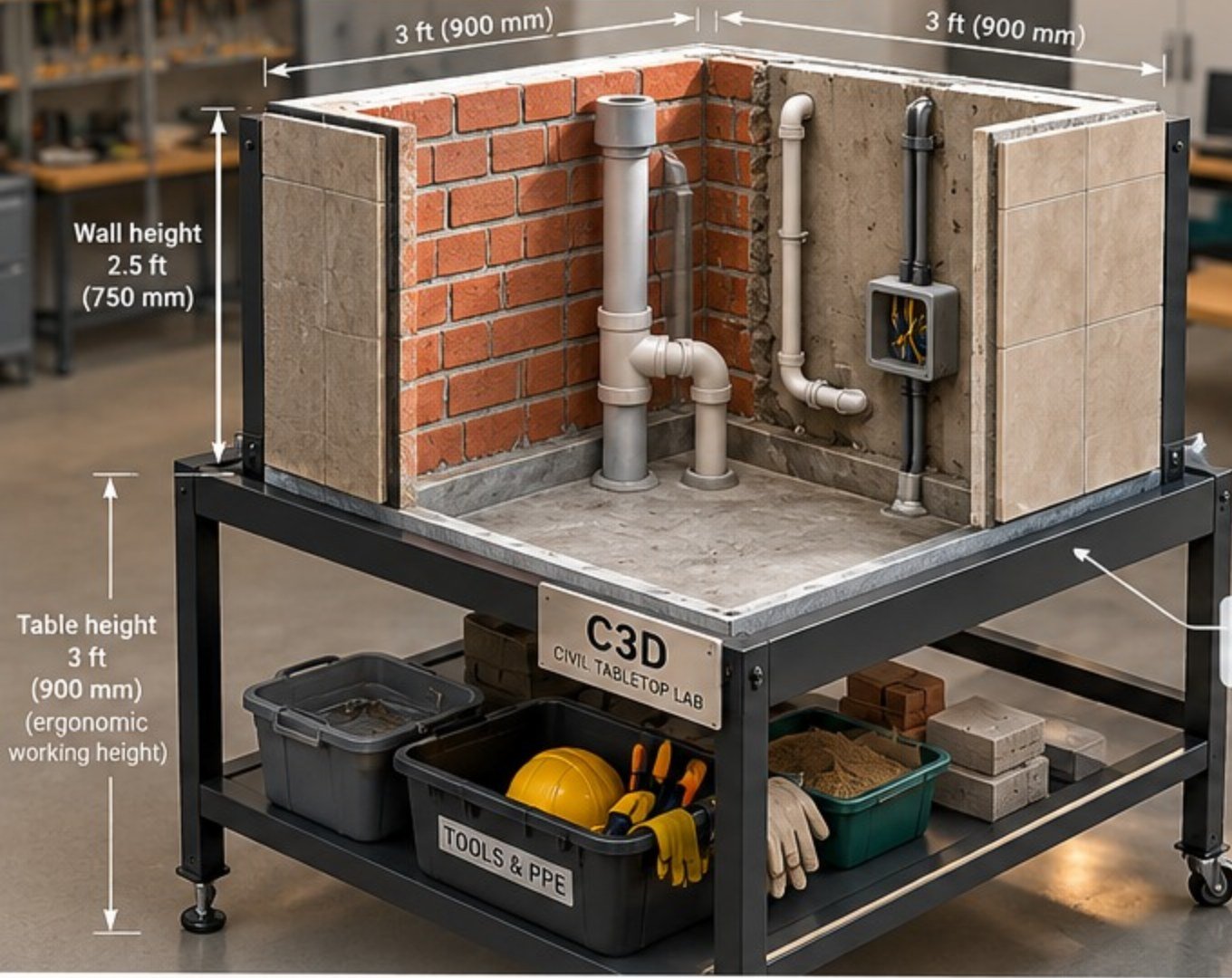 C3D Tabletop Civil Lab: a 3 ft by 3 ft steel workstation with brick and block walls, plumbing pipes, an electrical box and tiled panels on top, and a lower shelf holding tools, PPE and materials