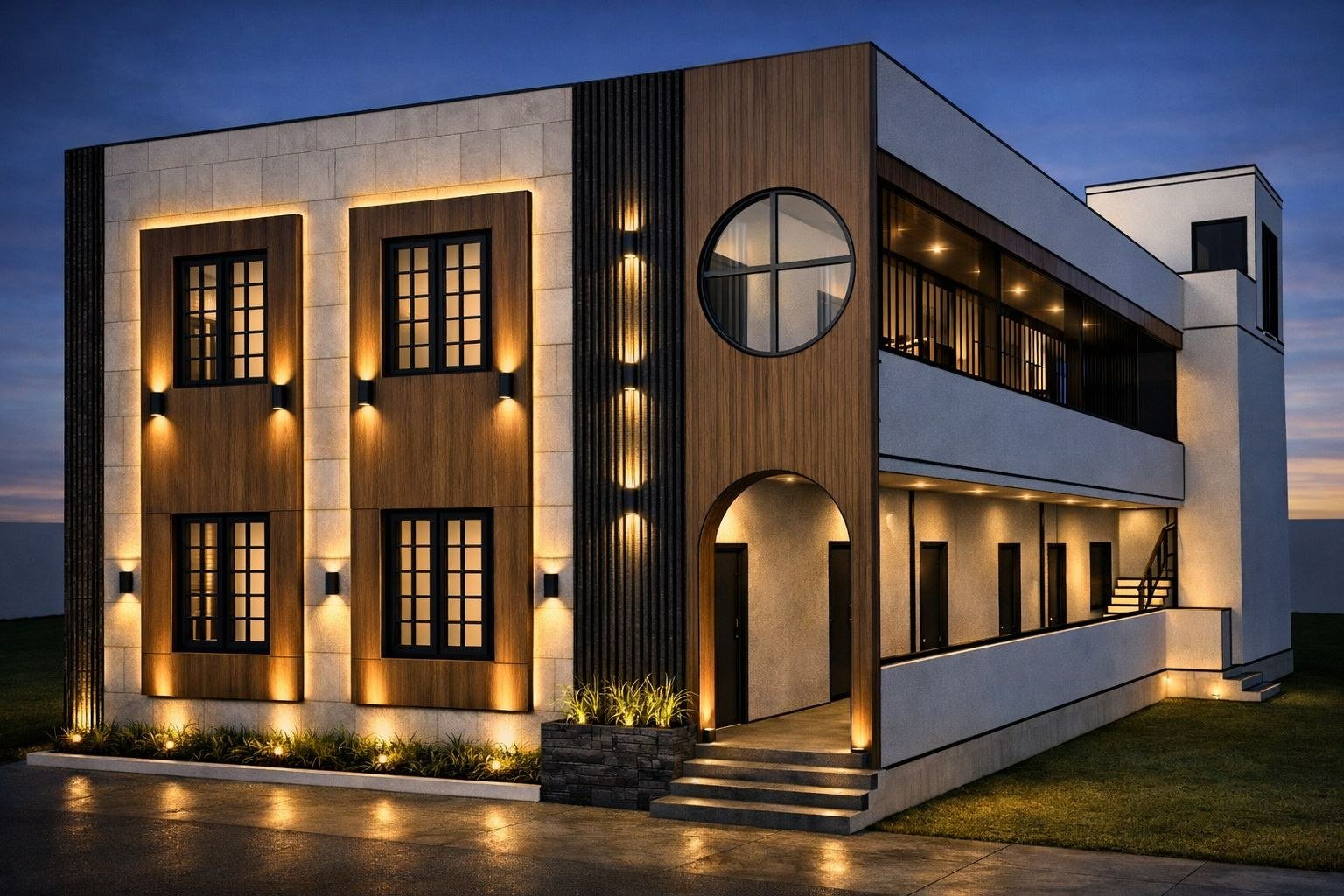 Night elevation of a two-storey building with timber-clad panels, a round window, arched entrance and warm façade lighting