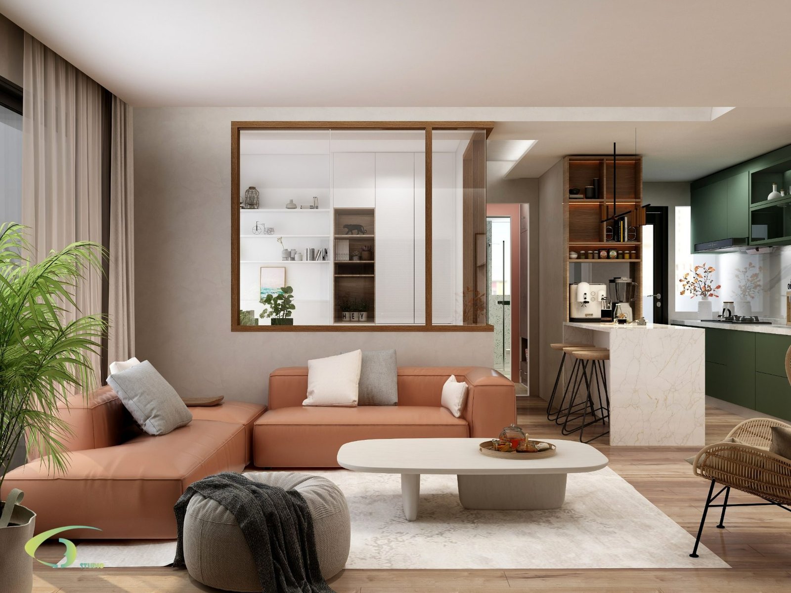 Open-plan living room with a terracotta leather sectional, a timber-framed glass partition, and a marble breakfast counter beside a green kitchen