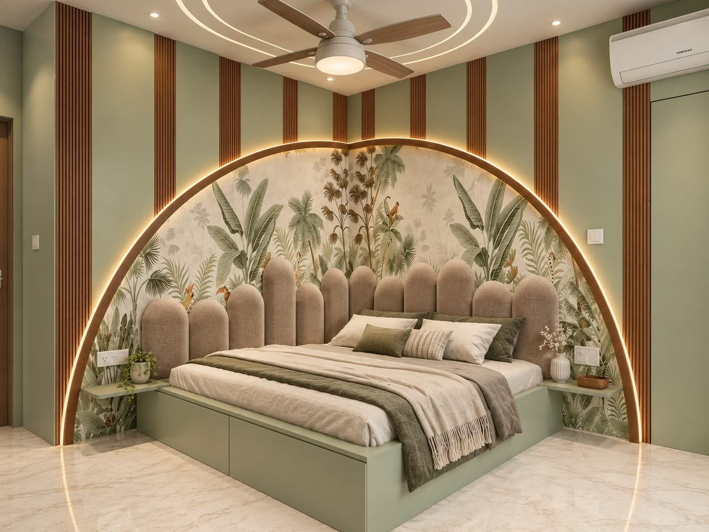 Bedroom with a backlit botanical mural arch, scalloped upholstered headboard and sage panelling — Parkwest Emerald