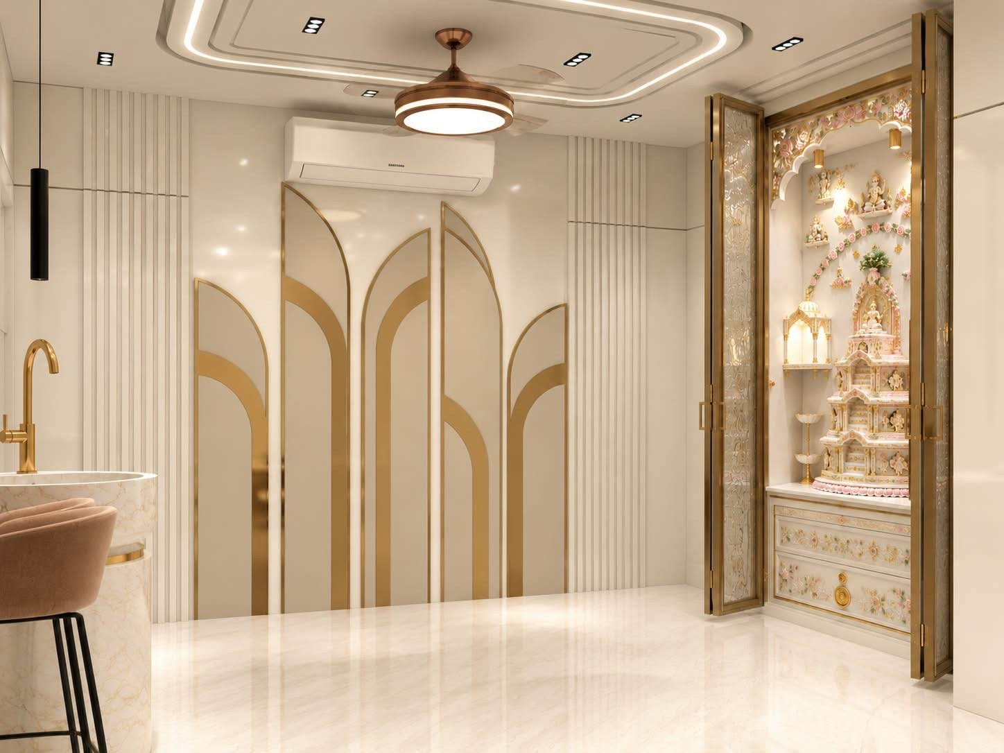Dining area with arched brass-edged wall panels, a carved pooja unit and a marble breakfast counter — Parkwest Emerald