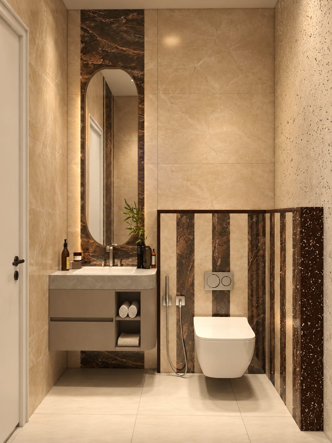 Powder bathroom with a backlit capsule mirror, dark marble inlay strips and a floating vanity — Parkwest Emerald