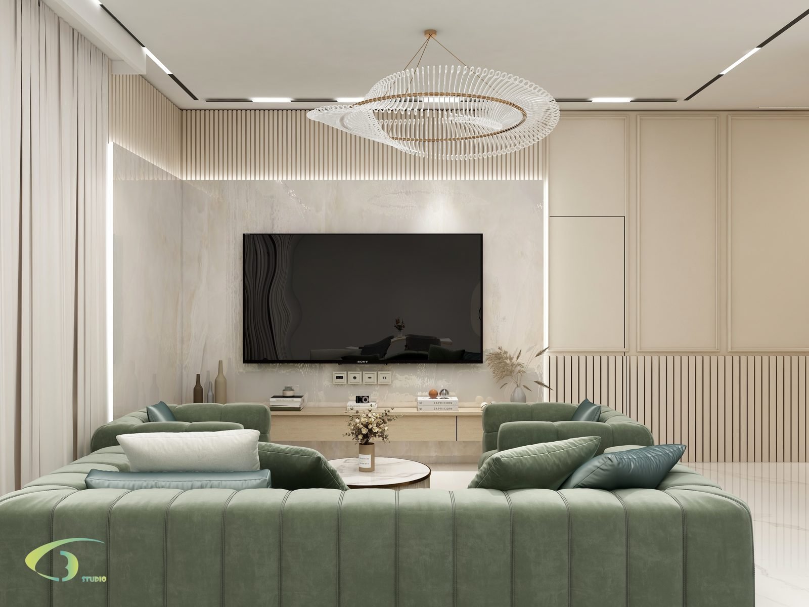 Living room with sage sofas and a marble TV wall — Prestige Residence