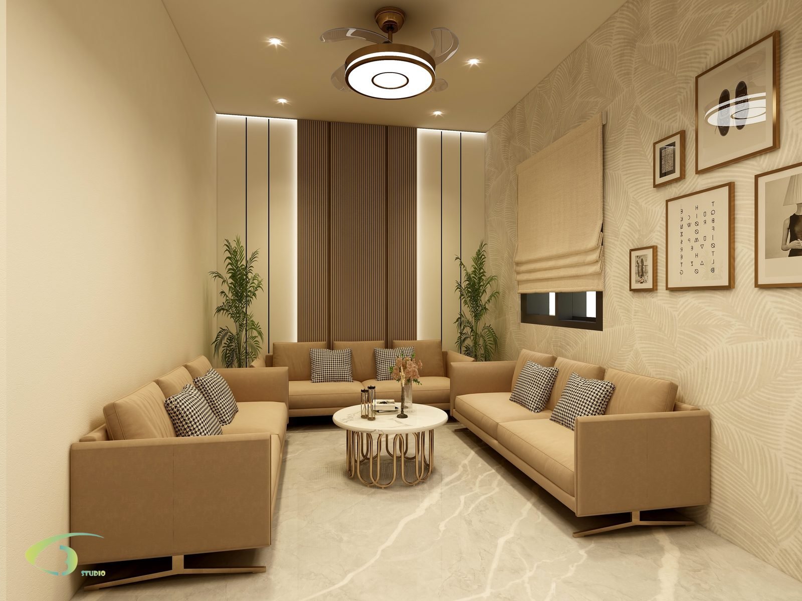 Family lounge with fluted wall panels and tan sofas