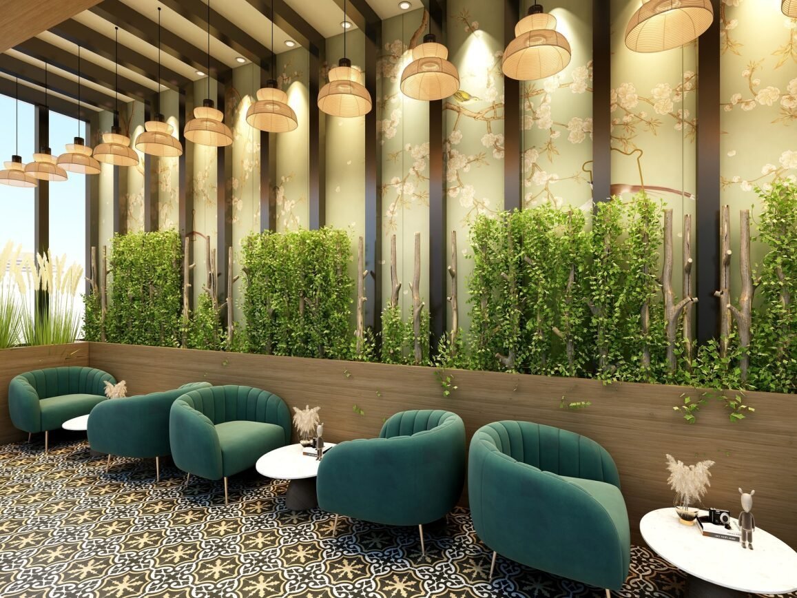 Café seating under a planted pergola