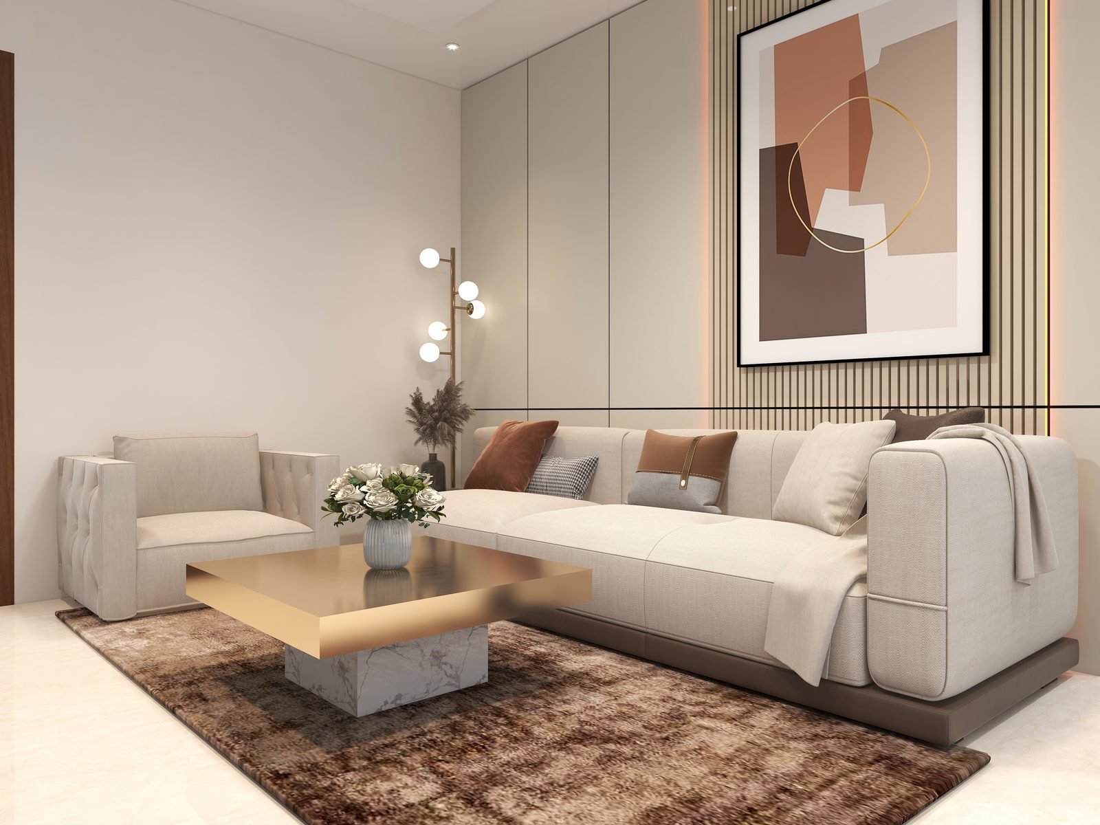 Photorealistic render of a contemporary living room produced for a design studio