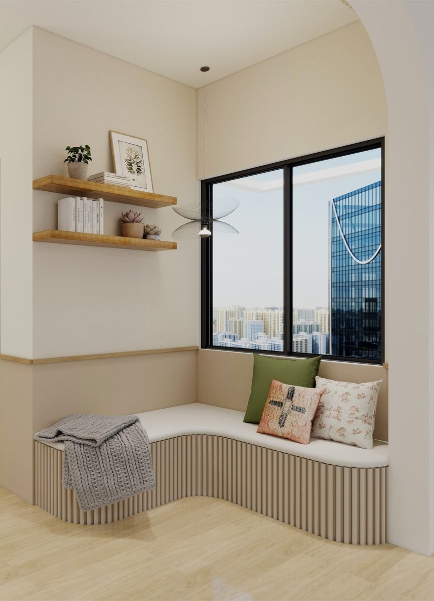 Window seat with built-in shelving render