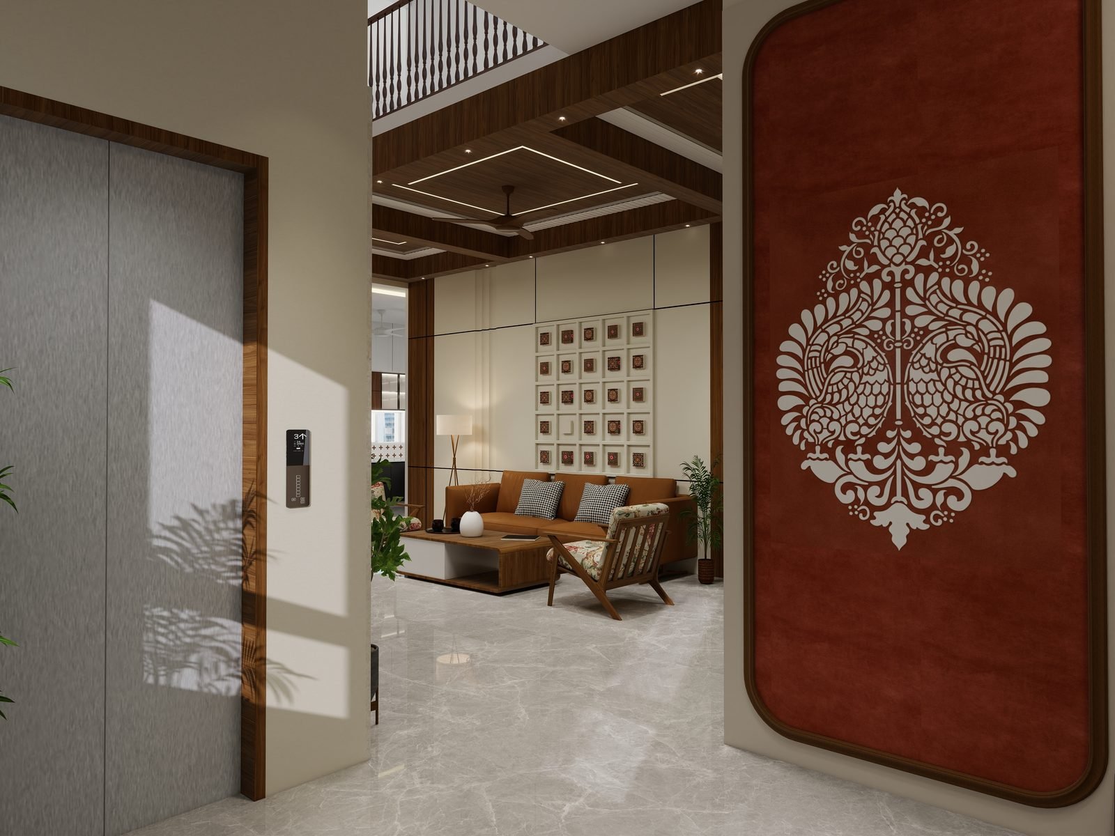 Traditional foyer render with Indian detailing